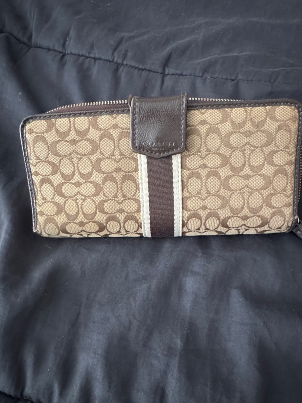 Coach Brown and Tan Signature Canvas Zip Wallet with Stripe